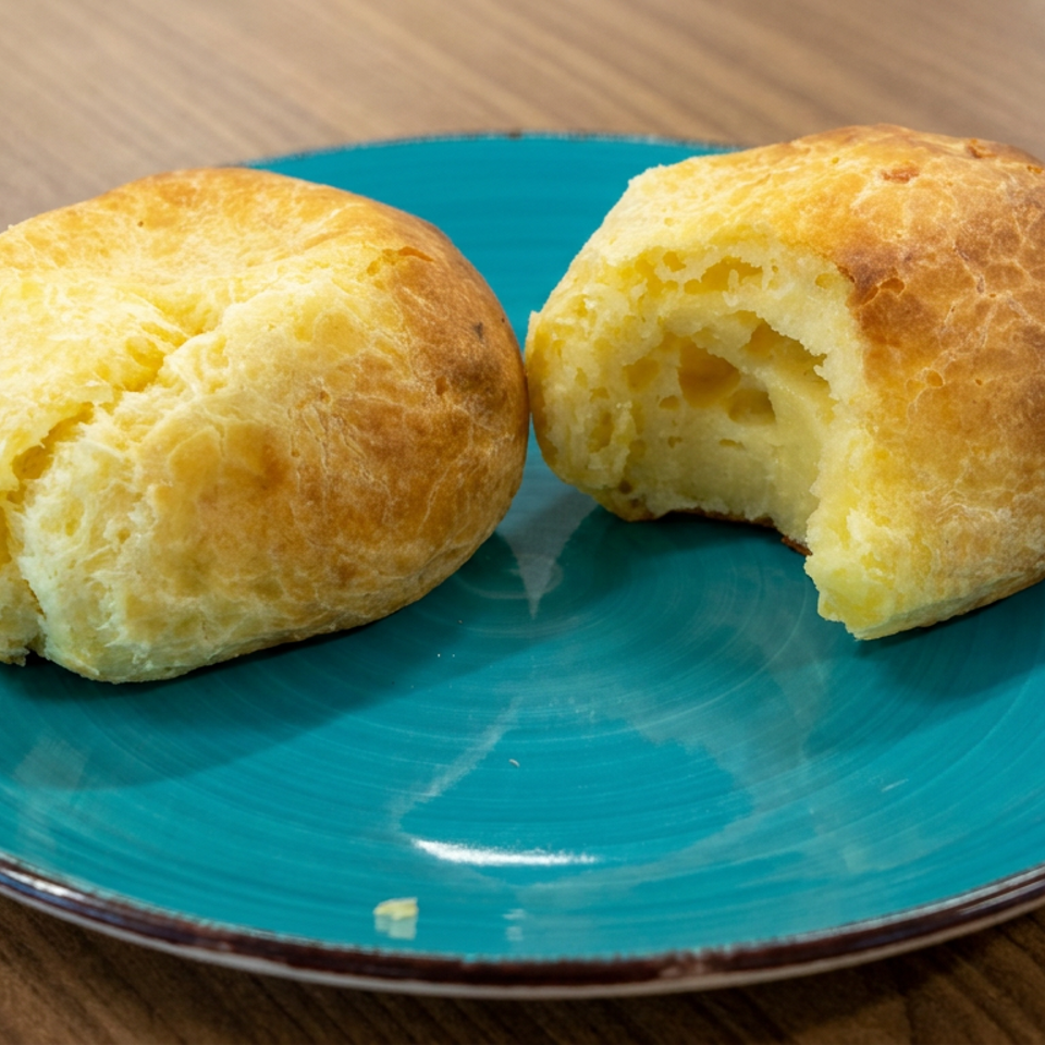 Two golden baked rolls, one partially torn open, sit on a turquoise plate atop a wooden table.