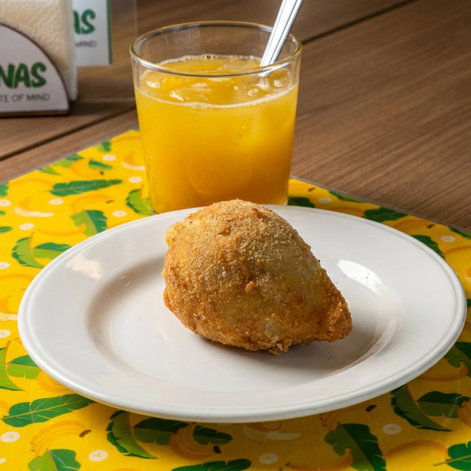 Golden fried Brazilian pastry on a white plate beside orange juice, set on a banana-patterned placemat.