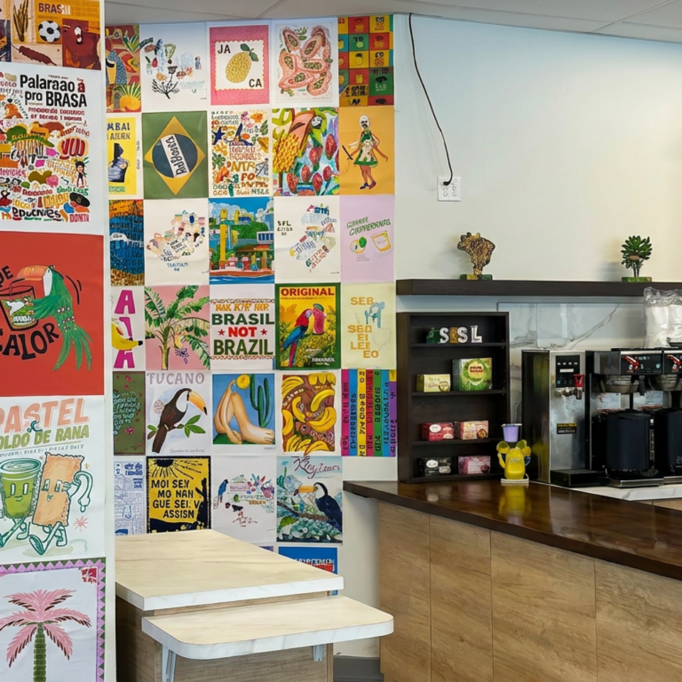 Brazilian café interior with colorful artwork, wooden counter, espresso machines, and a That’s Bananas smoothie bar.