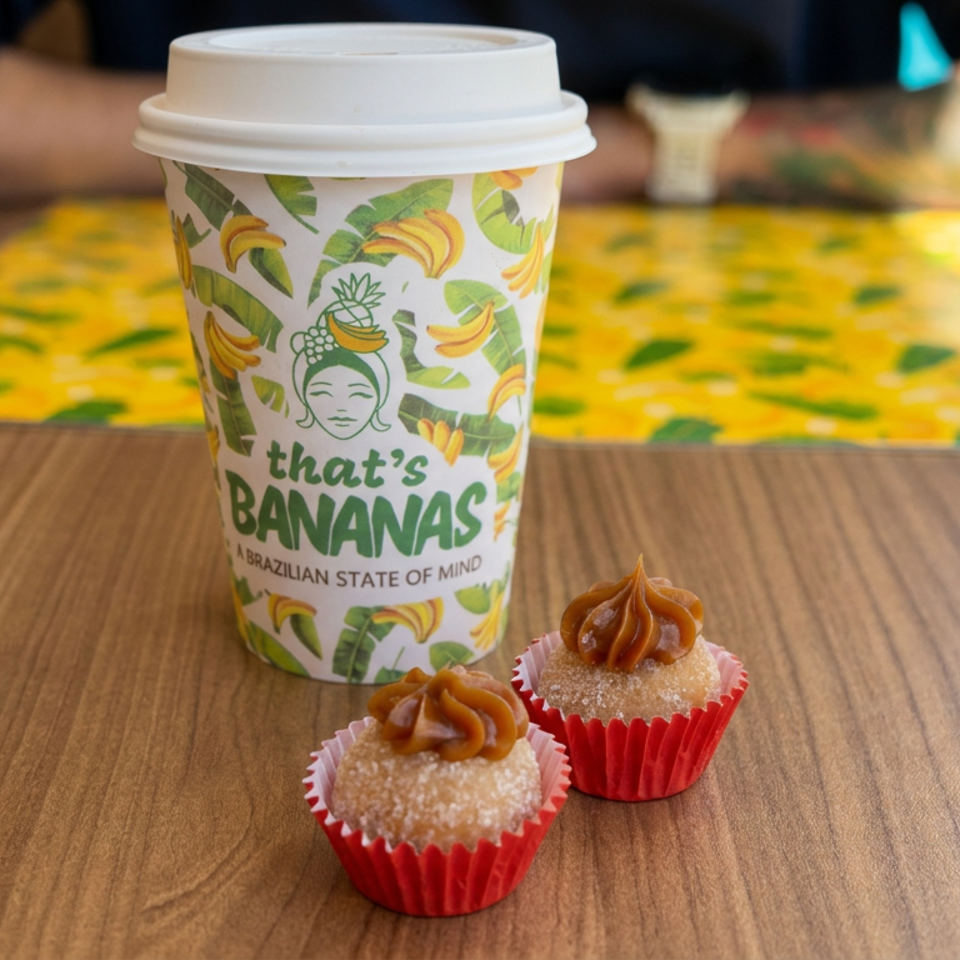 Branded That’s BANANAS cup and two powdered Brazilian sweets topped with caramel frosting on a wooden table.