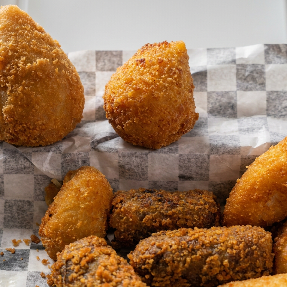 Basket lined with checkered paper holding assorted golden-brown fried pastries, including triangular and cylindrical pieces.